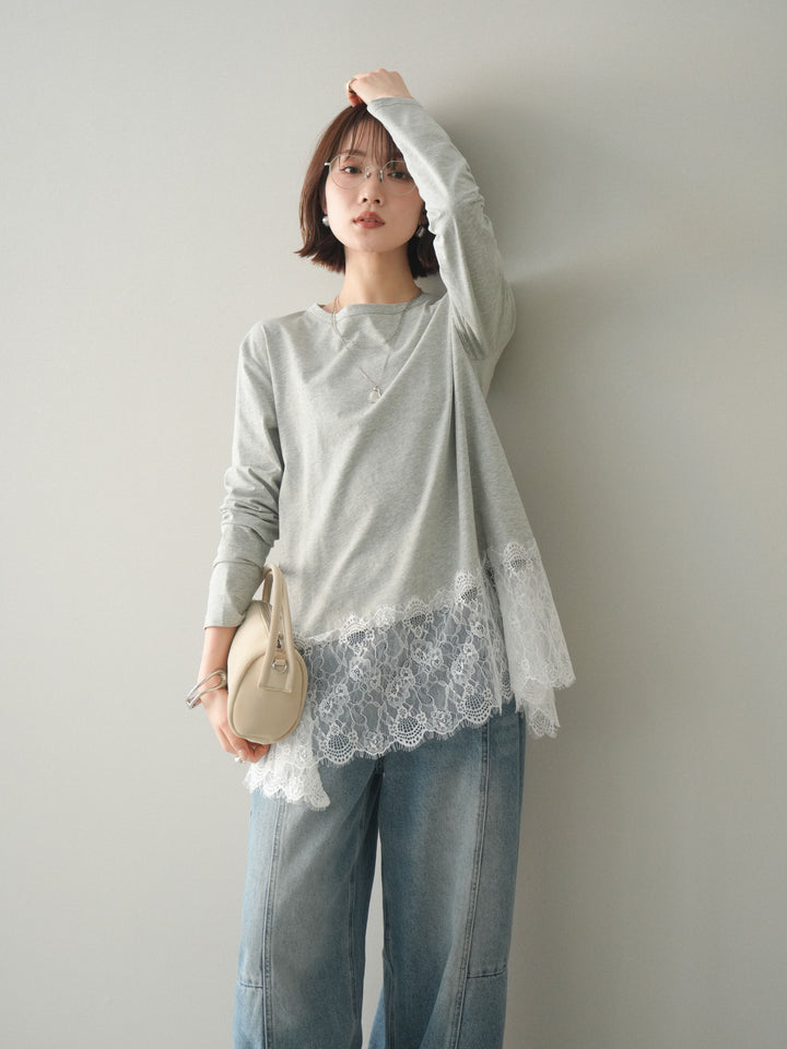 [SET]裾レースロングスリーブTシャツ+選べるアクセセット(2set)