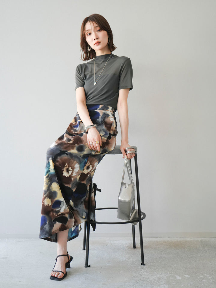 [SET] 透視半袖上衣 + 水彩印花褶襉I字裙 (2set)