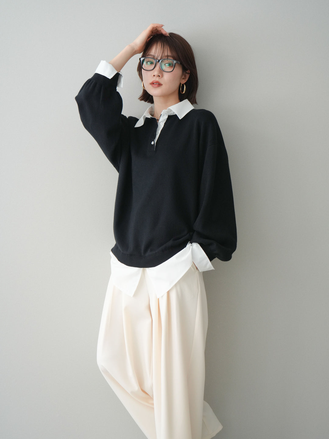 [予約]シャツドッキングオーバーニットプルオーバー/blackoff