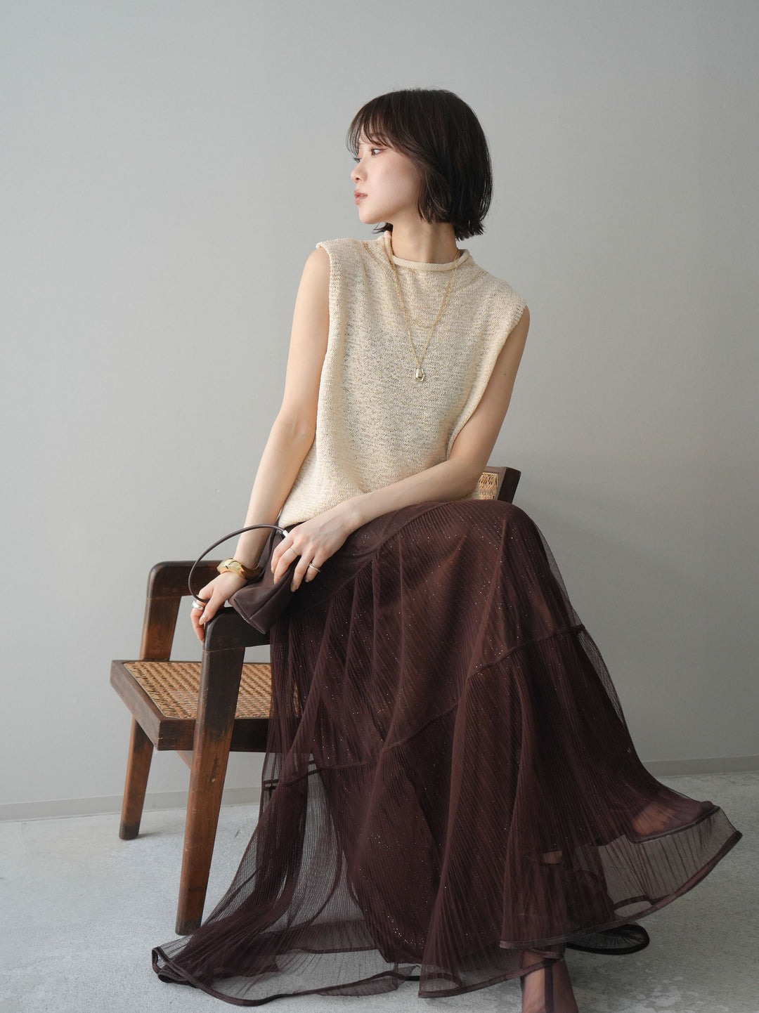 [予約]ノースリーブリネンタッチシアーニットプルオーバー/beige