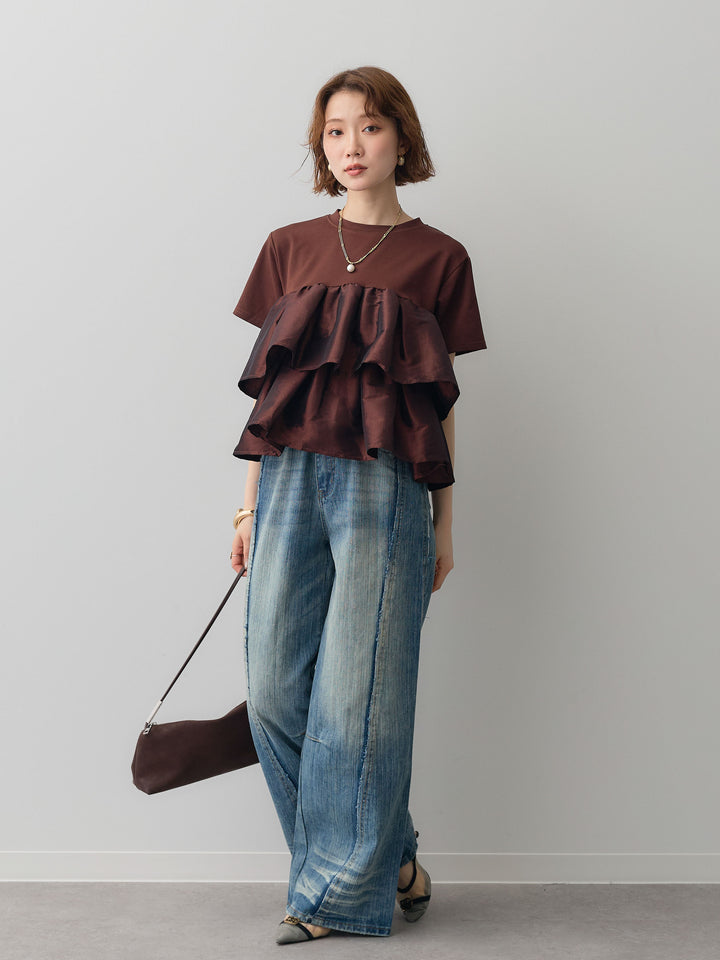 [SET]フリルティアードTEE+縦ウォッシュワイドデニムパンツ(2set)