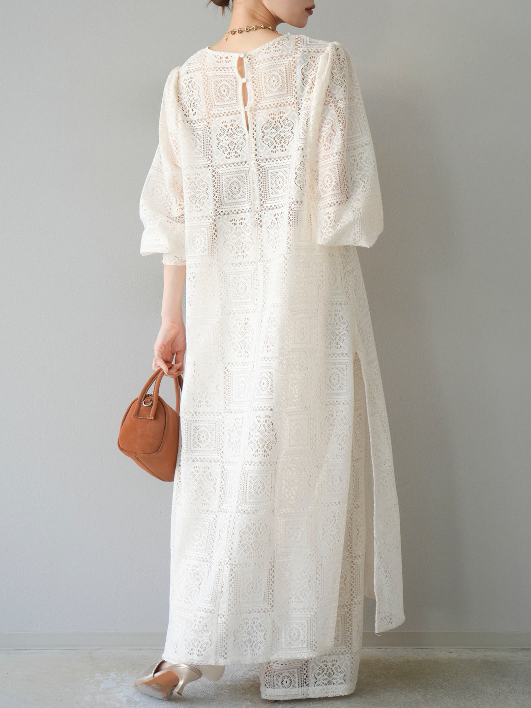 【套裝】塊蕾絲捲袖洋裝+塊蕾絲寬褲（2套）