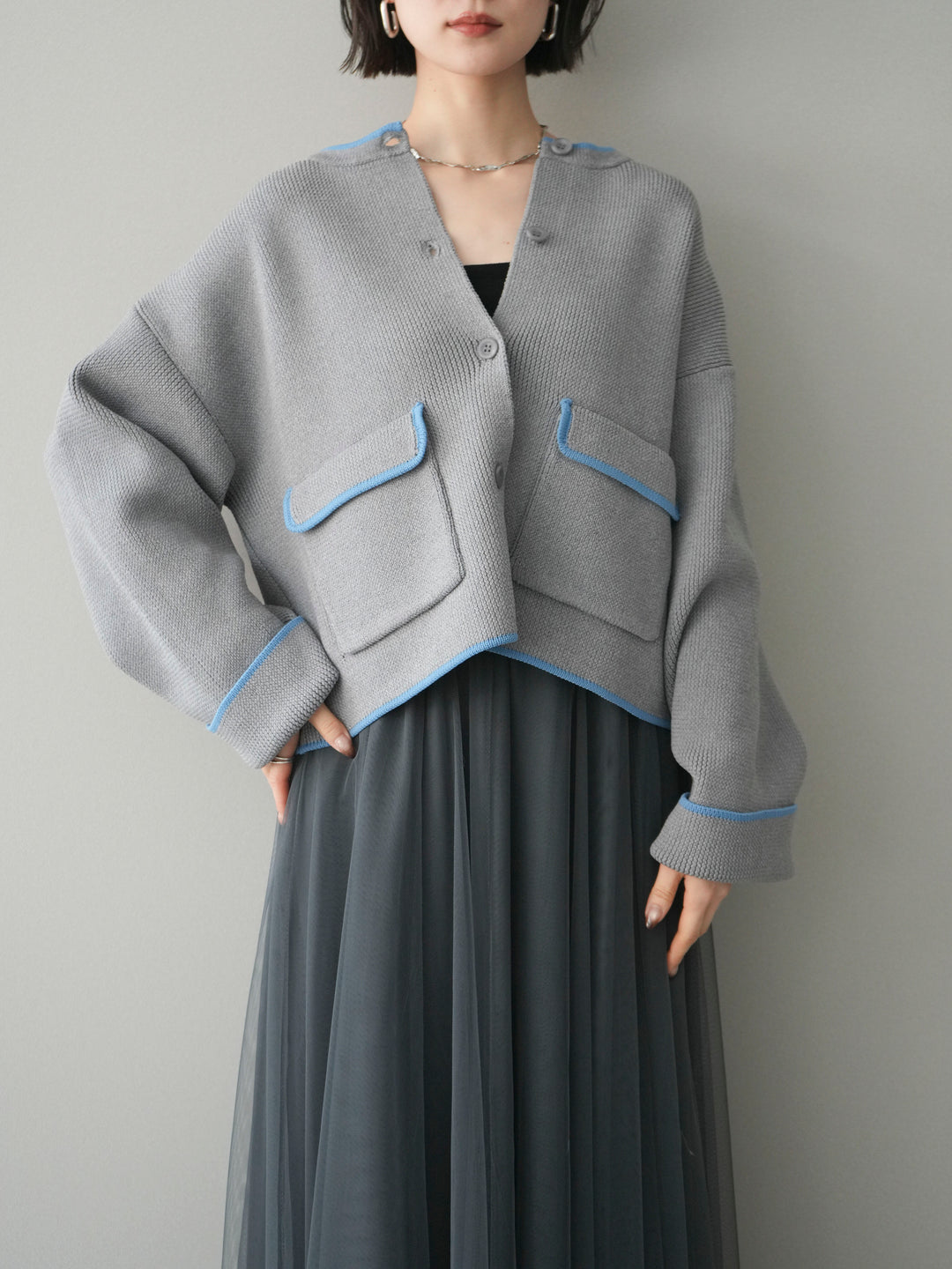 [SET]ポリエステル配色ニットカーディガン+チュールボリュームスカート(2set)