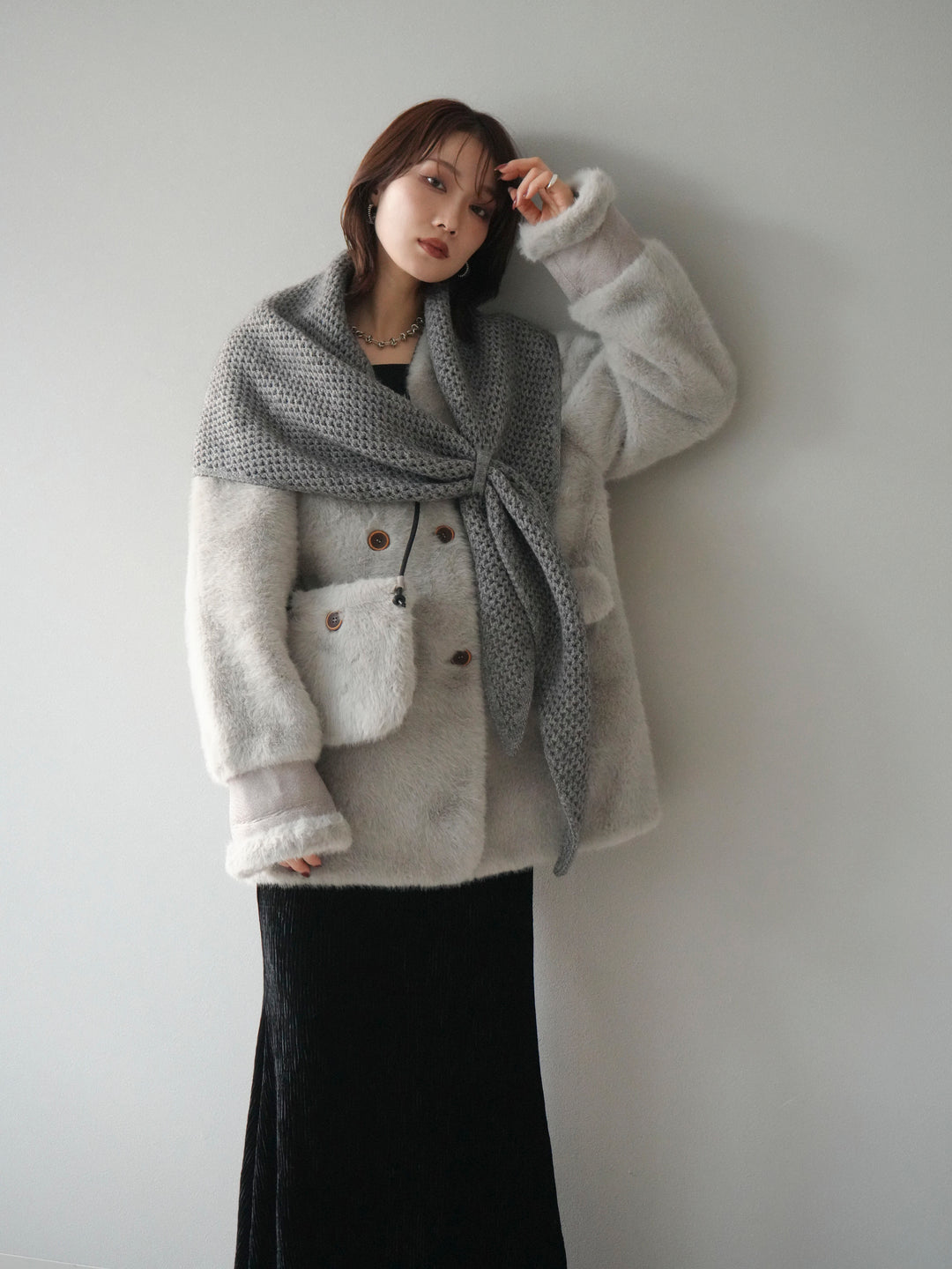 [予約]バッグ付エコファーノーカラーコート/gray