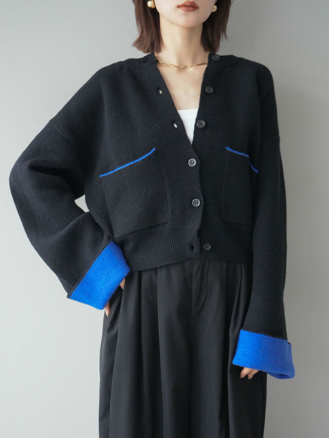 【SET】雙色針織開襟衫+褶襉設計寬褲（2套）