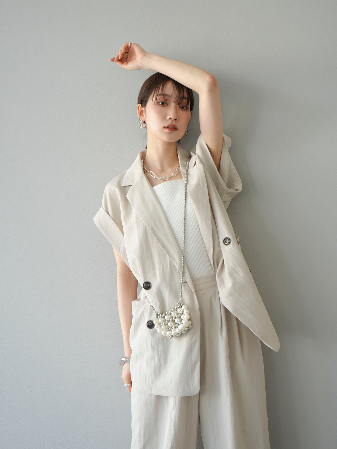 [套裝] 亞麻風格無袖雙背心 + 雙肩帶剪裁羅紋胸罩吊帶背心（2 件套）