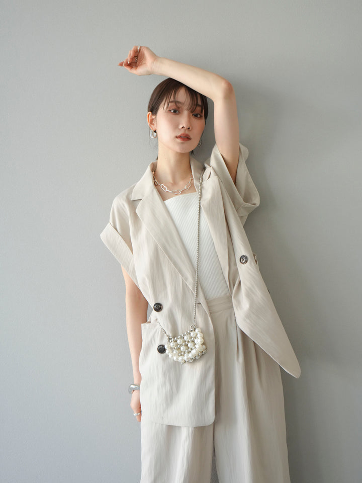 [套裝] 亞麻風格無袖雙背心 + 雙肩帶剪裁羅紋胸罩吊帶背心（2 件套）