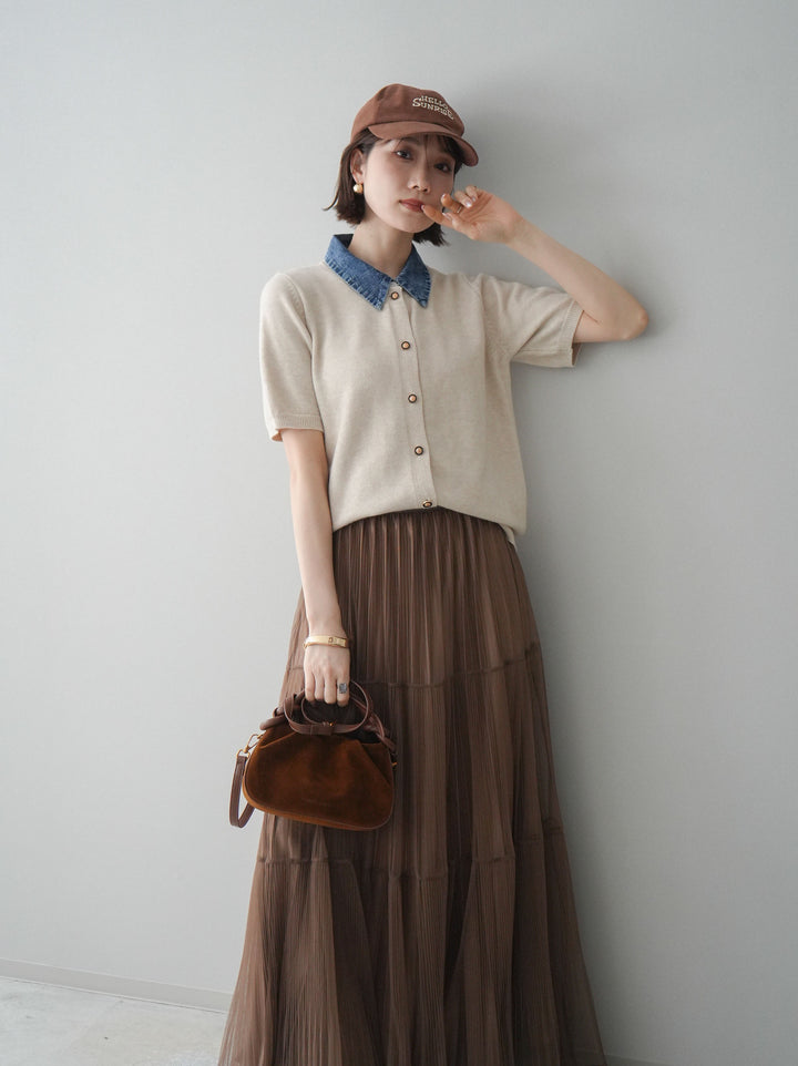 [予約]デニム襟ボタンハーフスリーブニットプルオーバー/beige