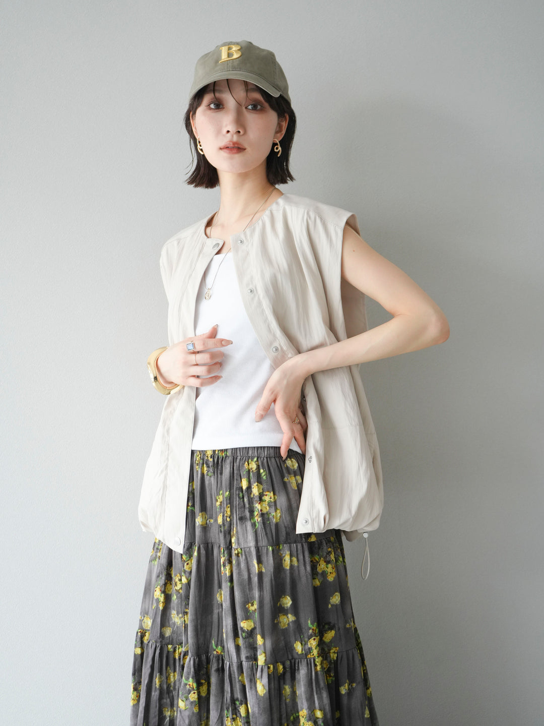 [SET]リネンライクドロストバルーンブルゾン+フラワーワッシャープリーツスカート(2set)