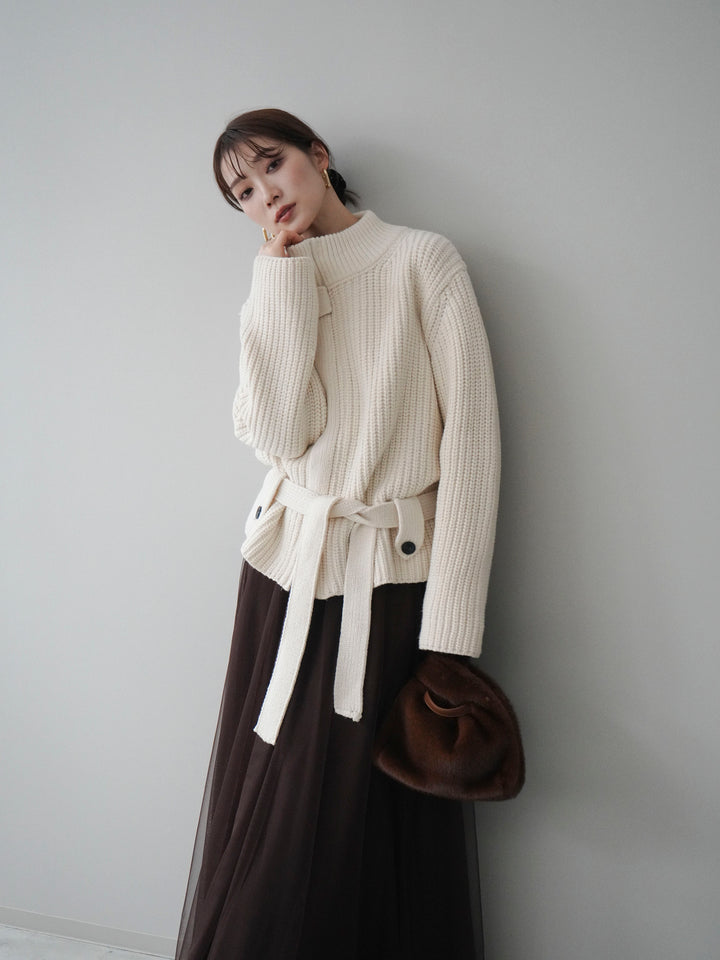 [予約]畦編みボトルネックZIPニットカーディガン/white