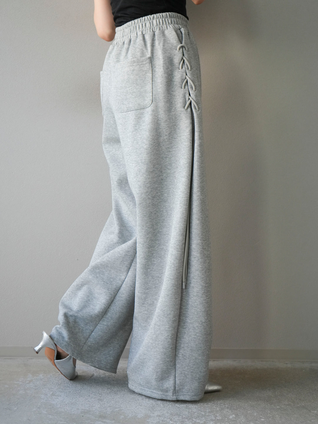 [予約]サイドレースアップスウェットワイドパンツ/グレー