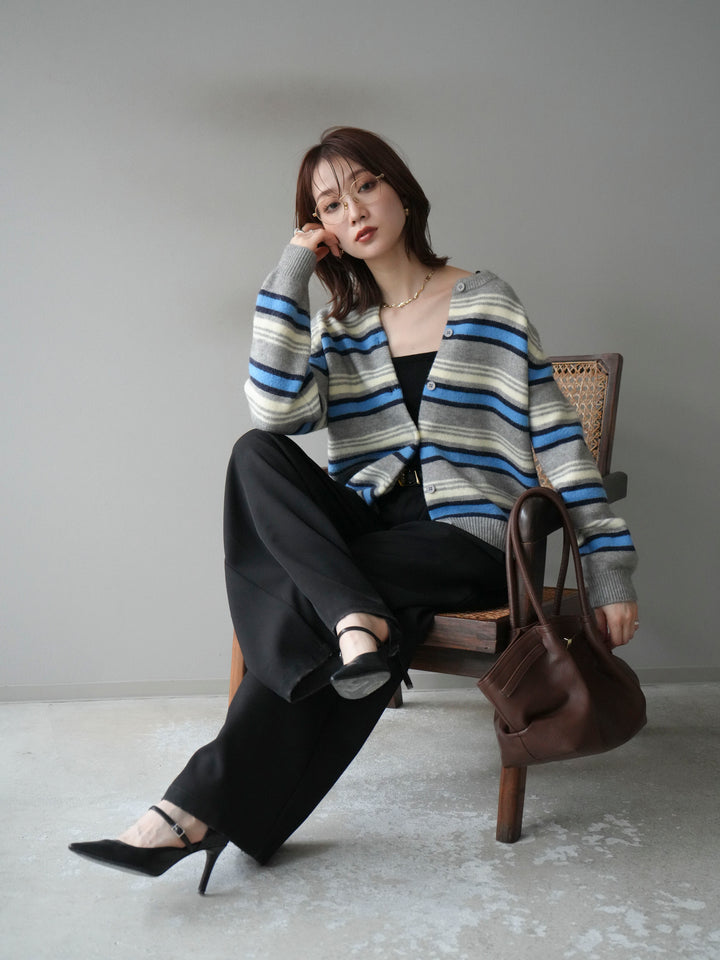 [SET]マルチボーダーニットカーディガン+ベルトループデザインワイドパンツ(2set)