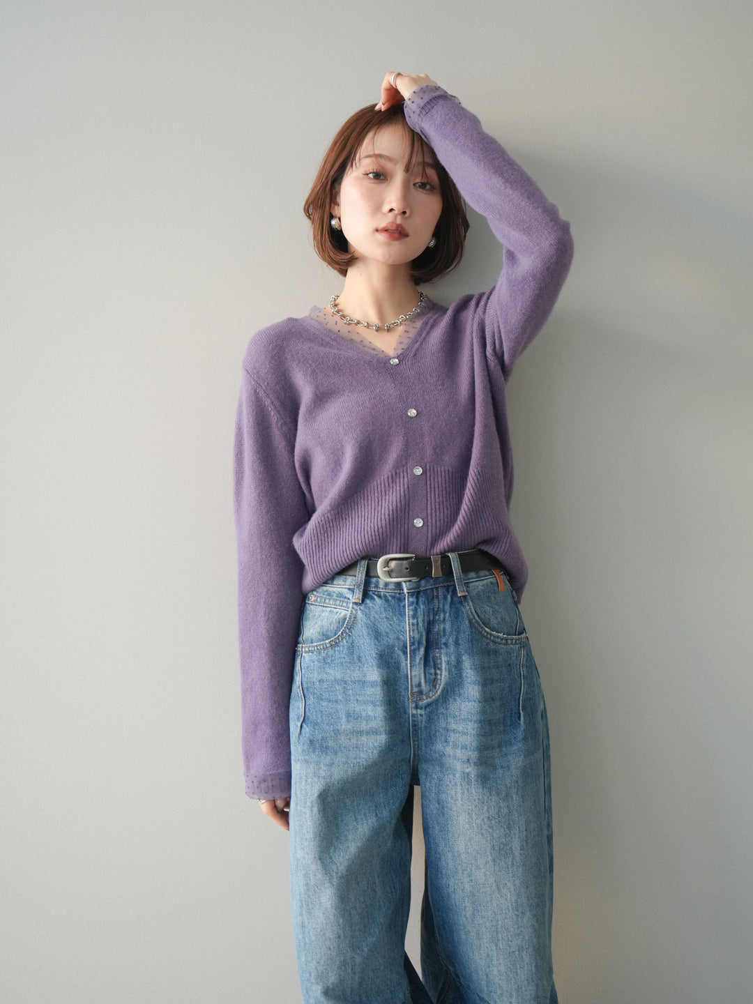 [予約]ドットチュールレイヤードボタンニットトップス/purple