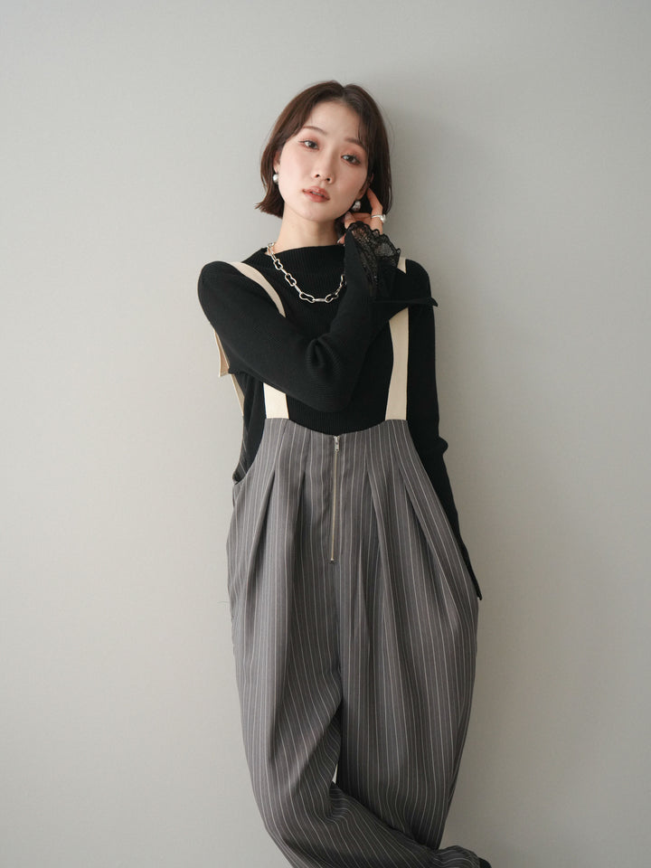 [SET]袖スカラップレースオフネックニットトップス+グログランテープストライプサロペット(2set)