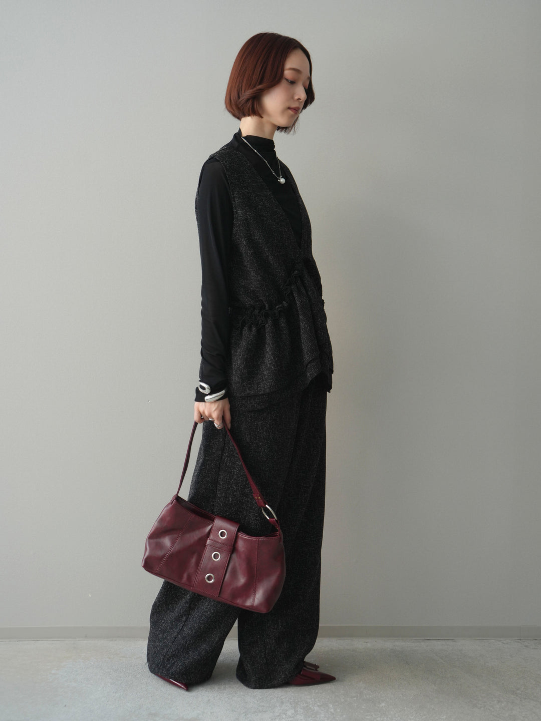 [SET]3WAYミックスツイードギャザーオールインワン+シアープチネックストレッチトップス(2set)