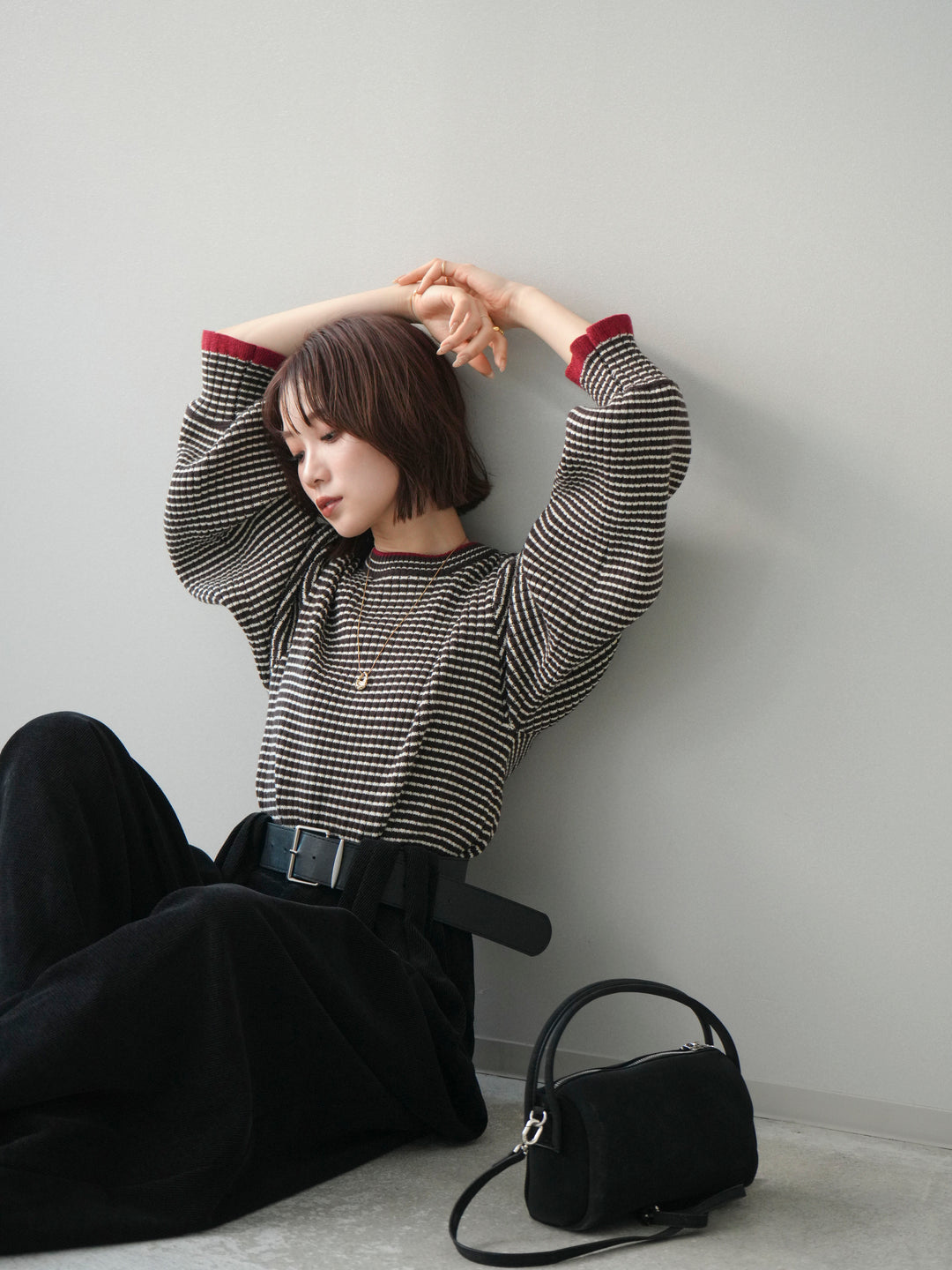 [予約]ラメ異素材ボーダーリブニットプルオーバー/brown×red