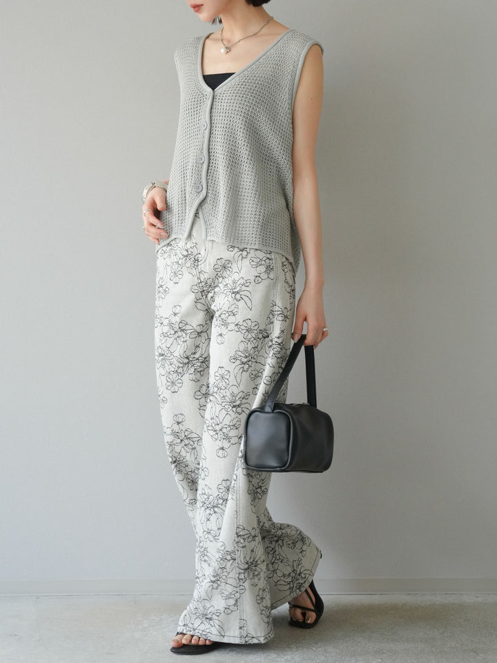 【預購】花朵提花牛仔寬褲/黑