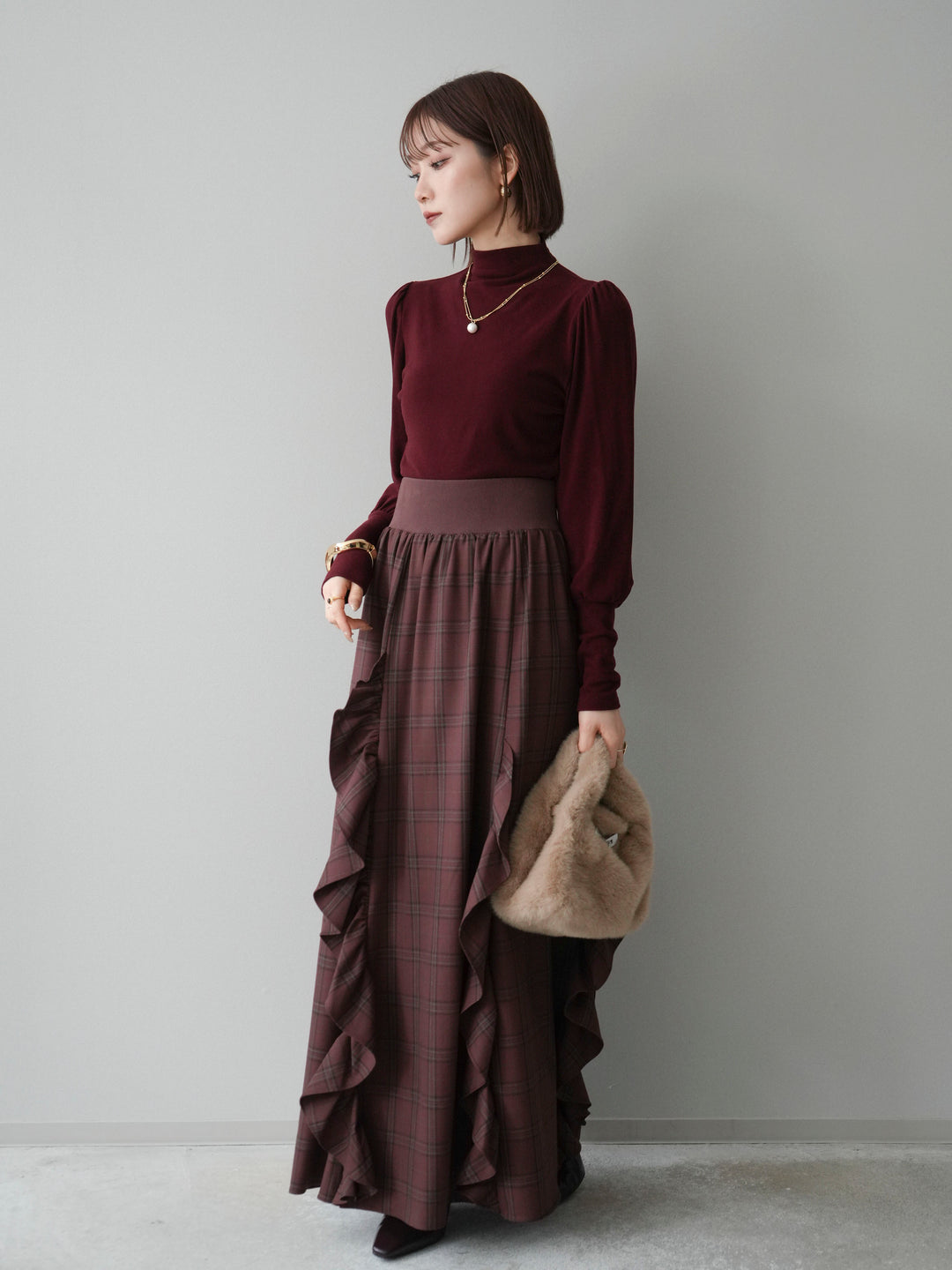 [SET]プチネックパワーショルダー起毛トップス+チェック柄フリルハイウエストマキシスカート(2set)