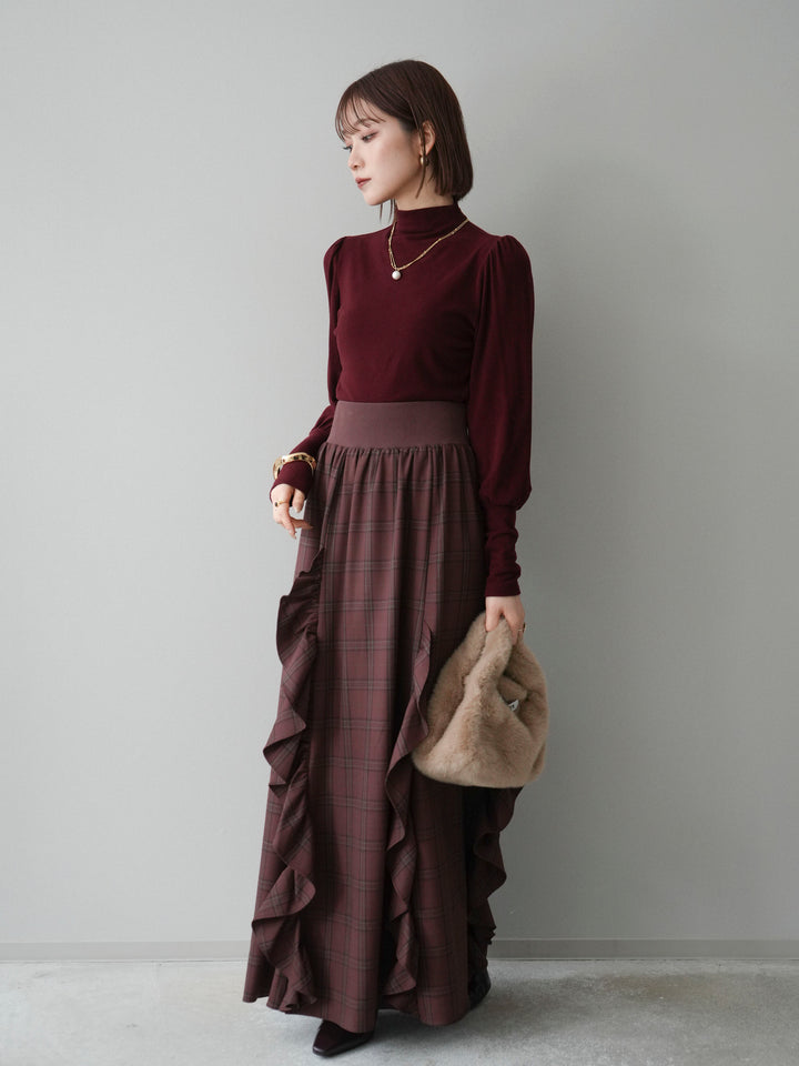 [SET]プチネックパワーショルダー起毛トップス+チェック柄フリルハイウエストマキシスカート(2set)