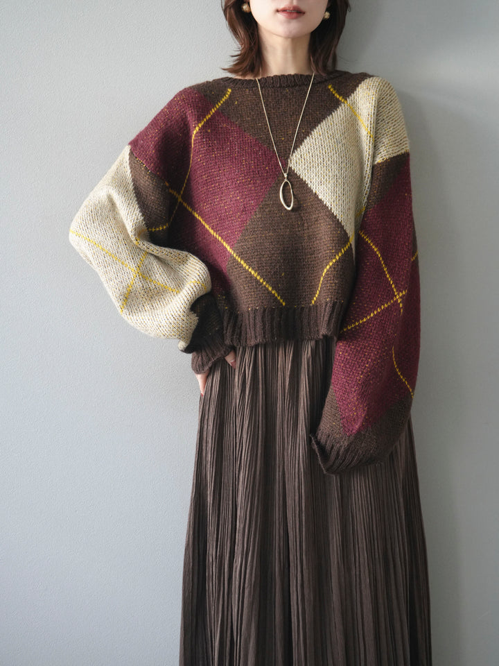 [SET]配色ステッチアーガイル柄ニットプルオーバー+選べるアクセセット(2set)