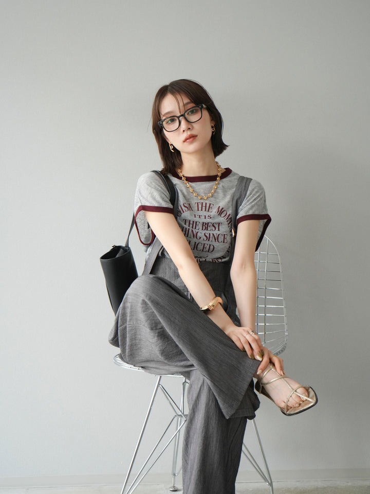 [SET]ストリングデザインハイウエストサロペット+シアーフライス ロゴプリントT (2set)