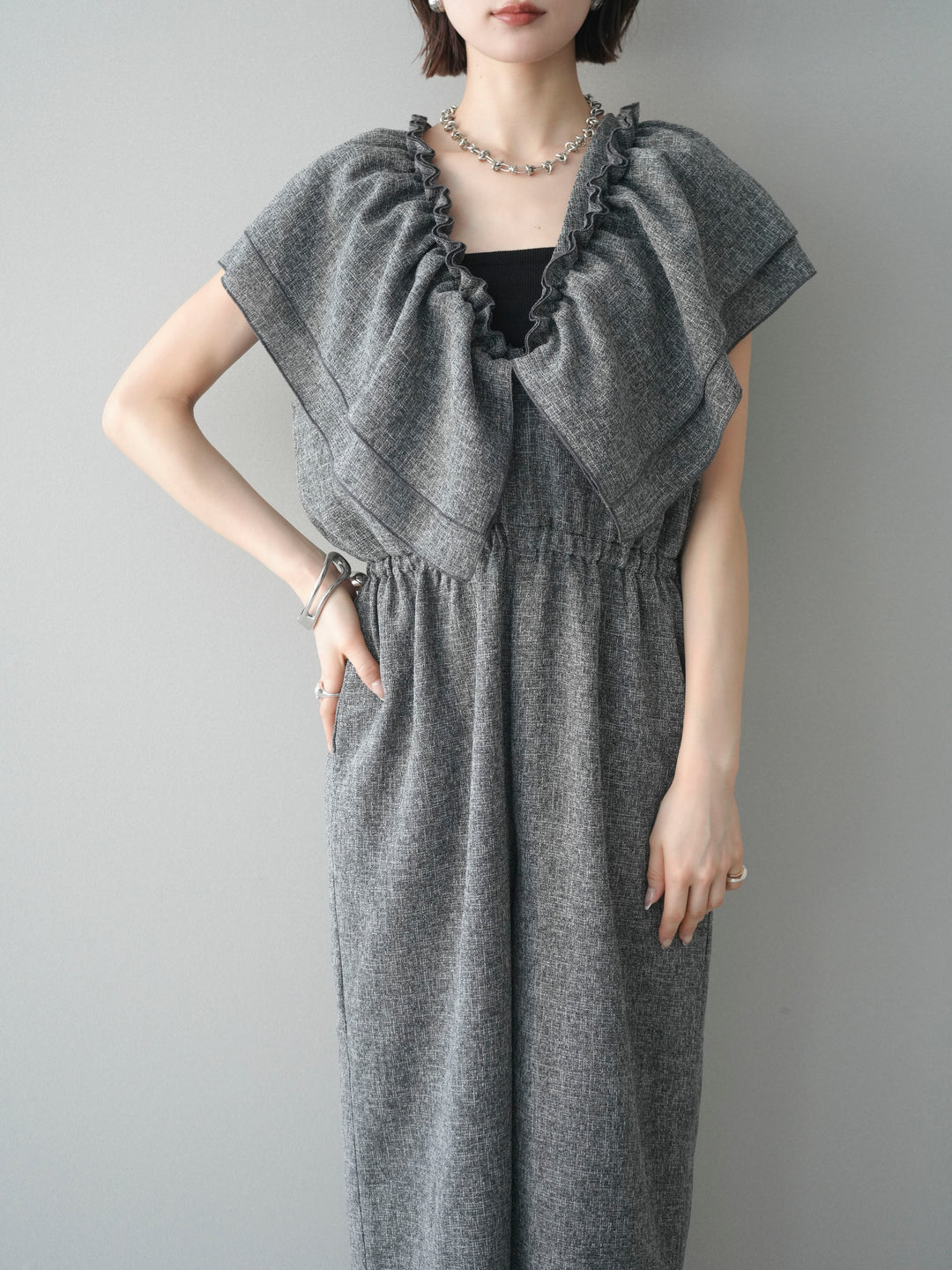 [SET]3WAYミックスツイードギャザーオールインワン+選べるアクセセット(2set)