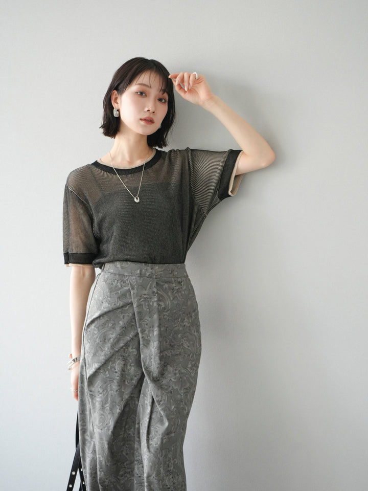 [SET]リネンタッチ配色二重臼ハーフニットトップス+選べるアソート柄スカートセット(2set)