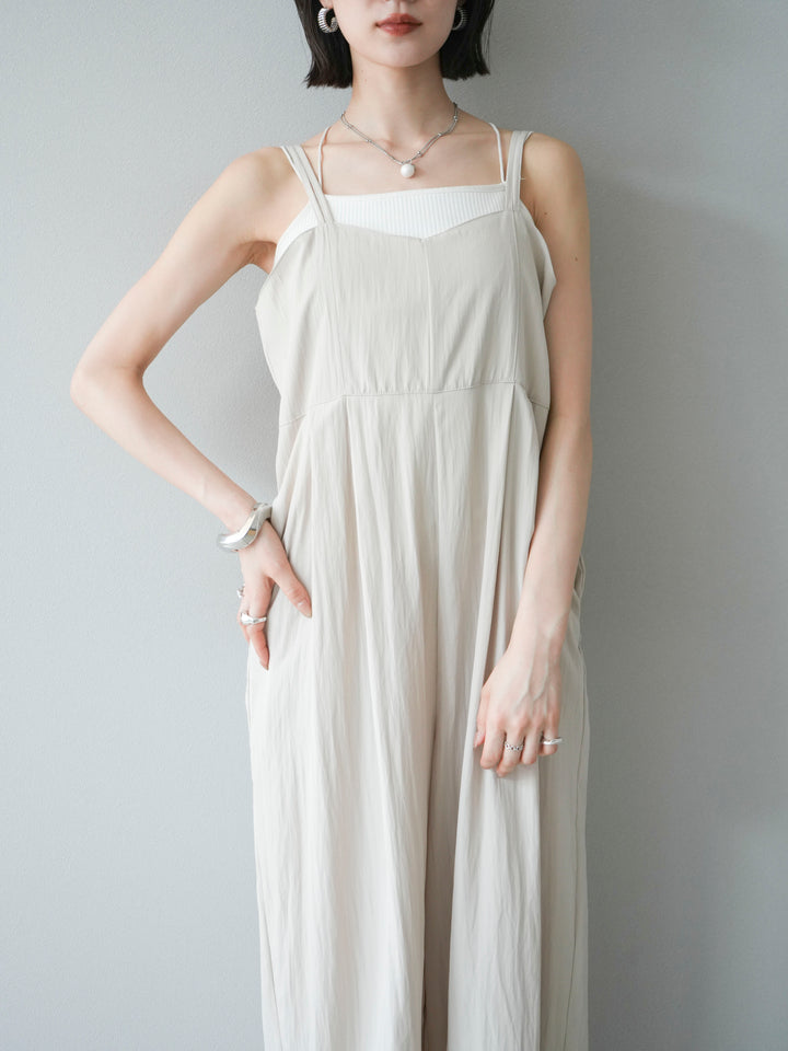 [SET]リネンライクビスチェデザインサロペット+ダブルストラップカットリブブラキャミソール(2set)