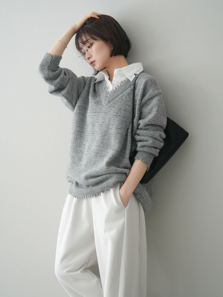 [予約]シャツドッキングVネックフリンジニットプルオーバー/gray