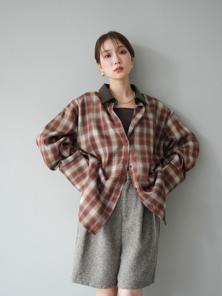 【着回しセット】[SET]レザー襟オンブレチェックオーバーシャツ +クラッシュベロアナロースカート+ツイードハーフパンツ(3set)