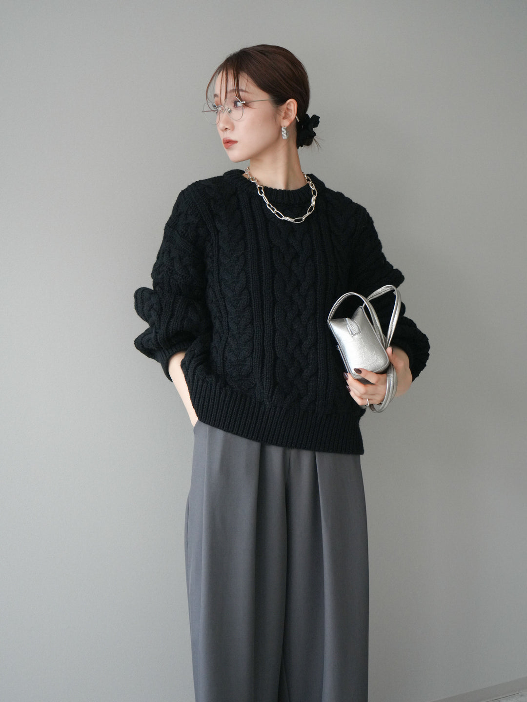 [SET]ボリュームケーブルニットプルオーバー+ベルトループデザインワイドパンツ(2set)