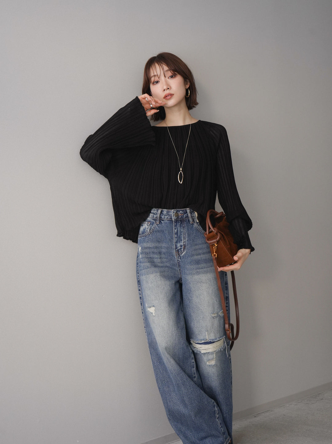 [SET]プリーツシアーフレアスリーブニットトップス+選べるアクセセット(2set)