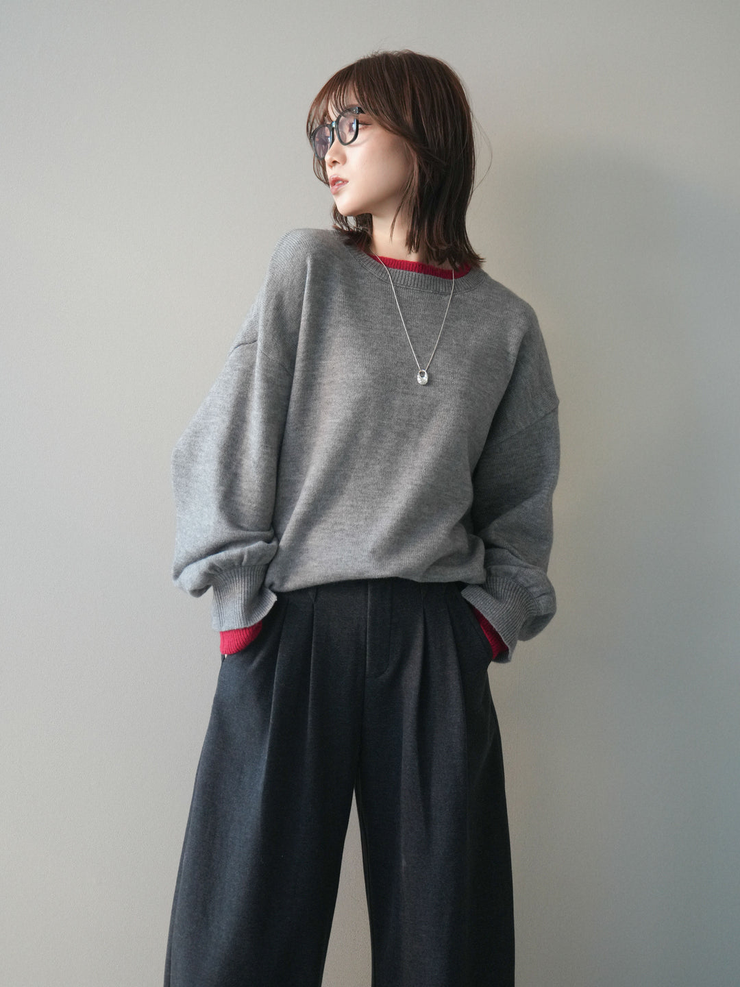 [SET]ヘンリーネック配色レイヤードニットプルオーバー+選べるアクセセット(2set)