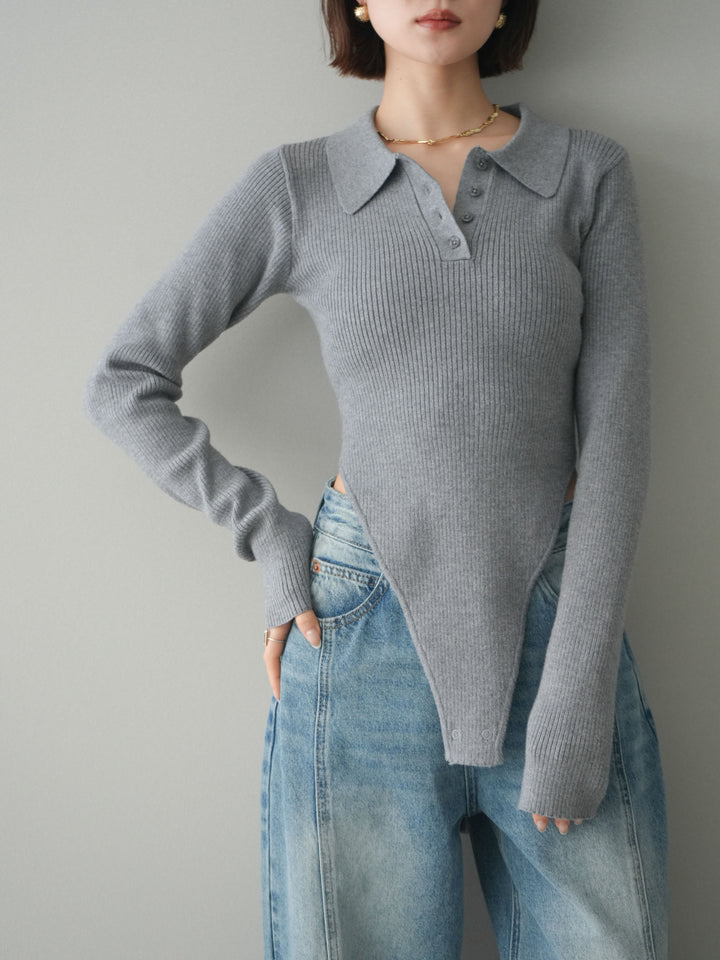 [予約]リブポロニットボディスーツ/mokugray