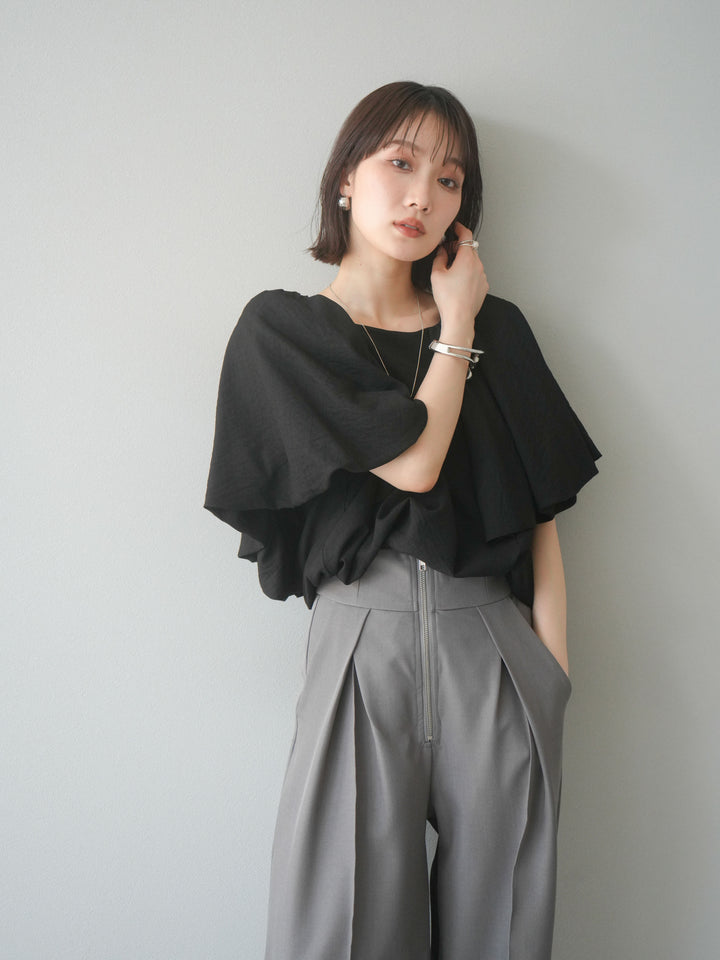 [SET] 燈籠袖褶襉設計上衣 + 拉鍊褶襉寬褲 (2 套)