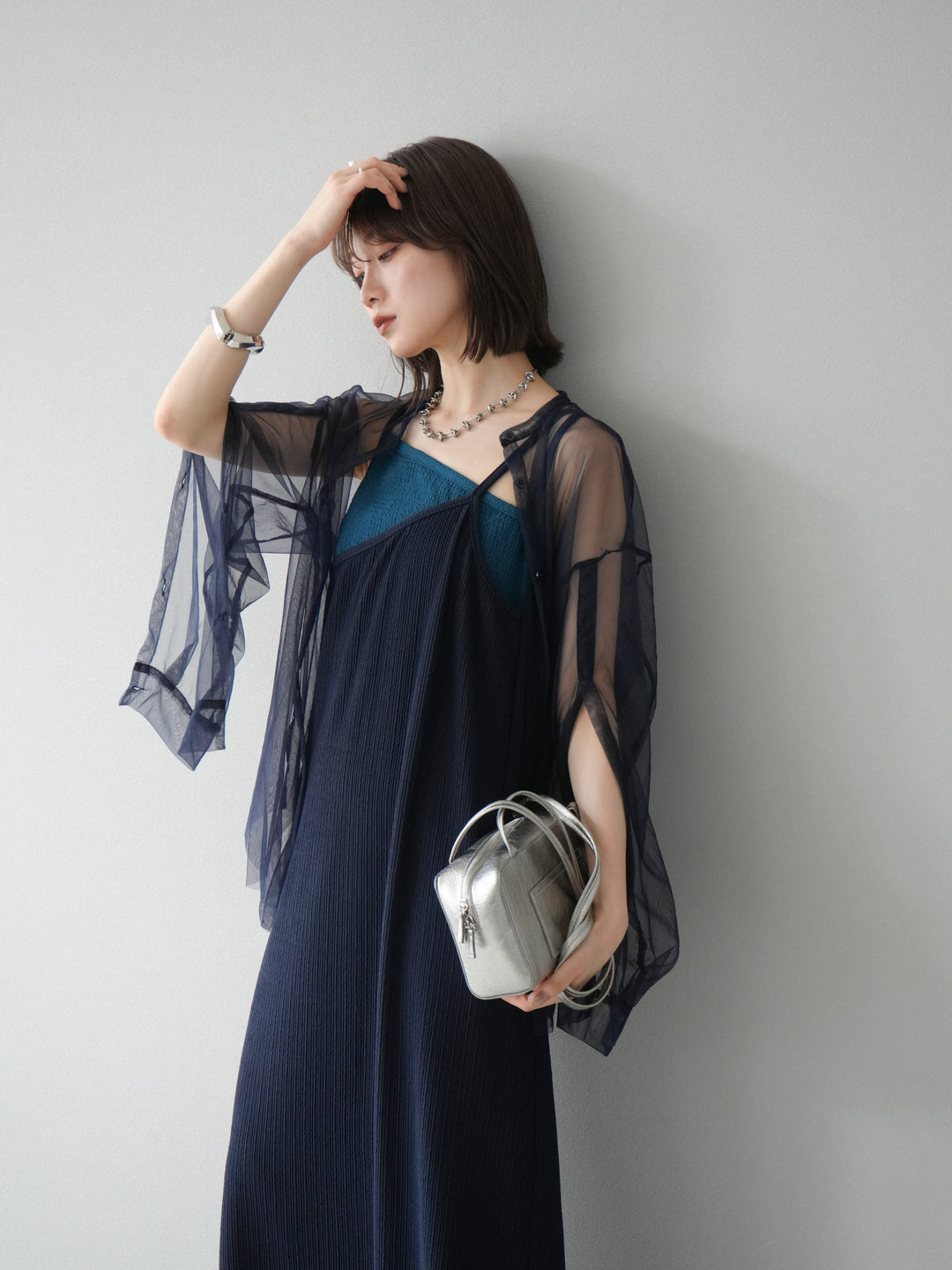 [予約]2WAYスリーブチュールシャツ/ネイビー