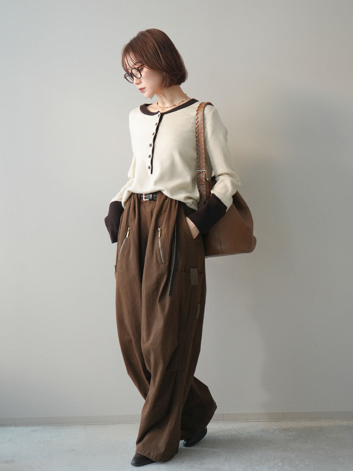 [SET]ヘンリーネック配色ニットソー+コットンタックループパンツ(2set)