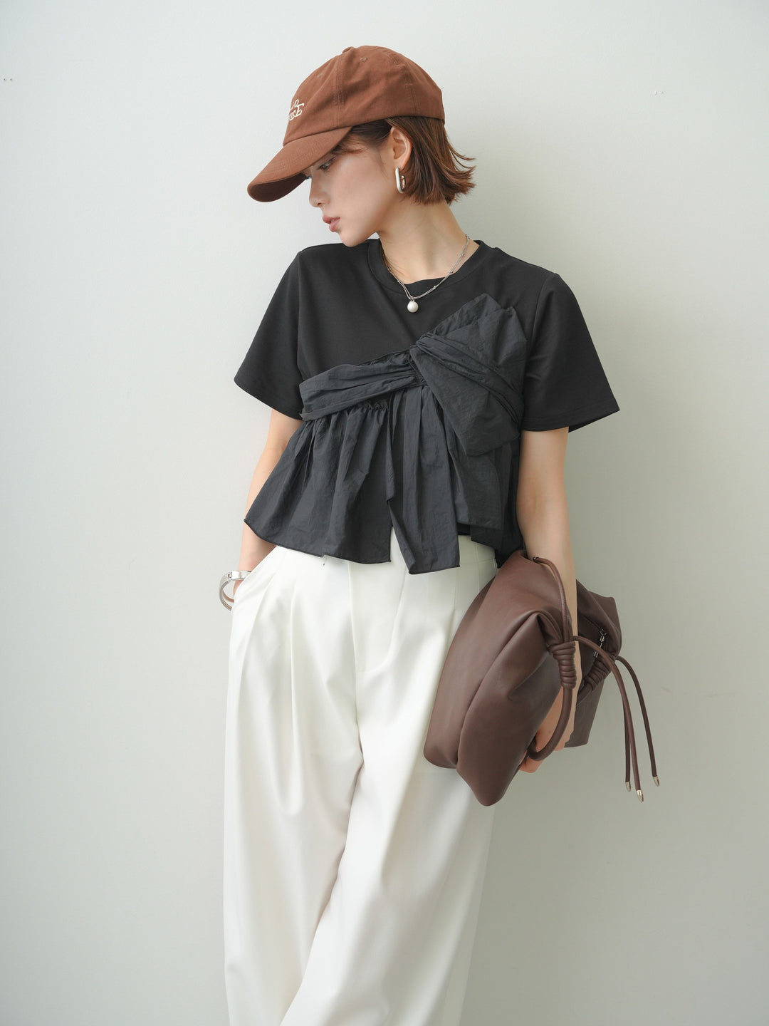 [SET]ナイロンドッキングツイストTEE +アシンメトリーベルトタックワイドパンツ(2set)
