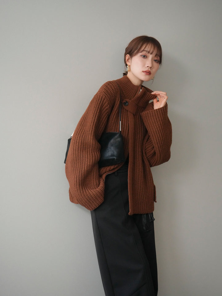 [SET]畦編みボトルネックZIPニットカーディガン+ベルト付裏起毛センターシームカーブパンツ(2set)