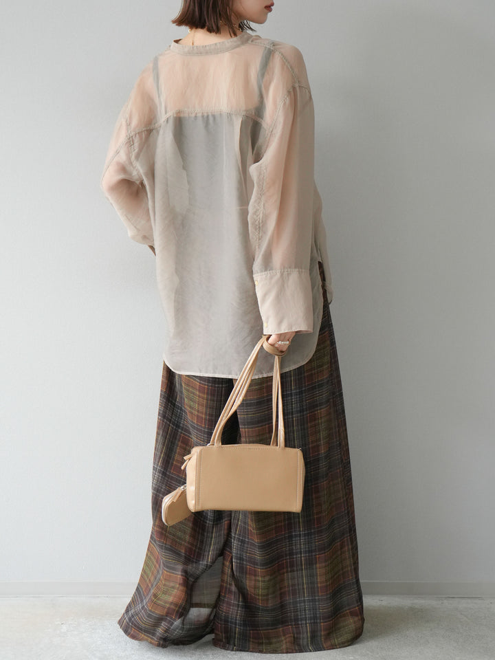 [SET] 亮面透視立領襯衫 + 透視格紋寬鬆褲 (2 件套)