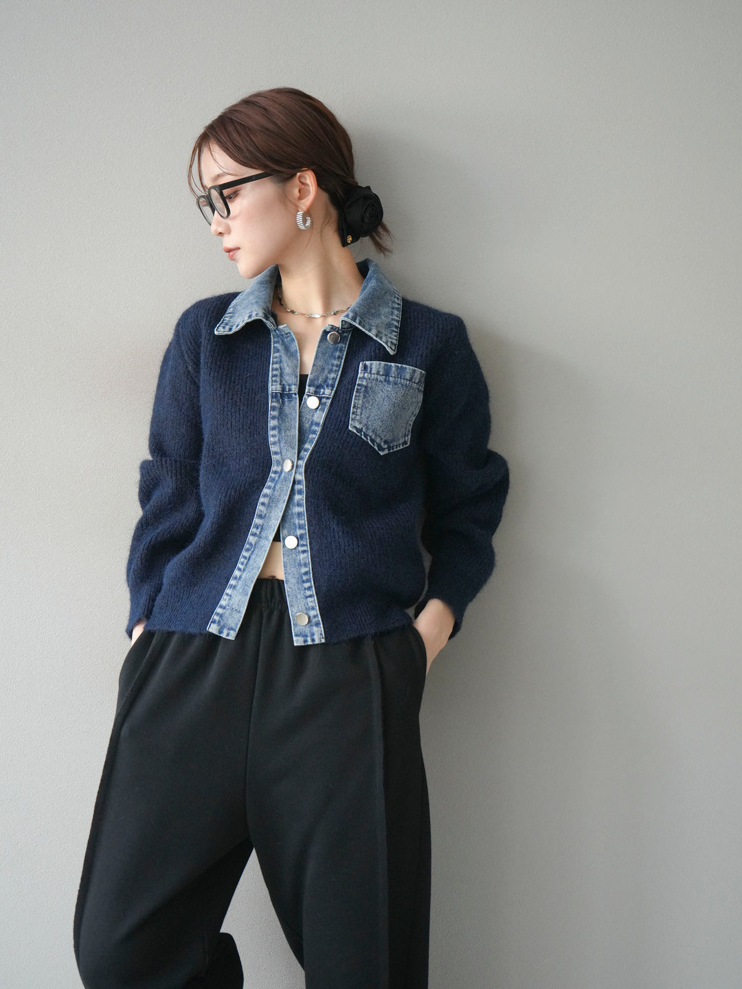 [予約]デニム襟ポケットニットカーディガン/navy