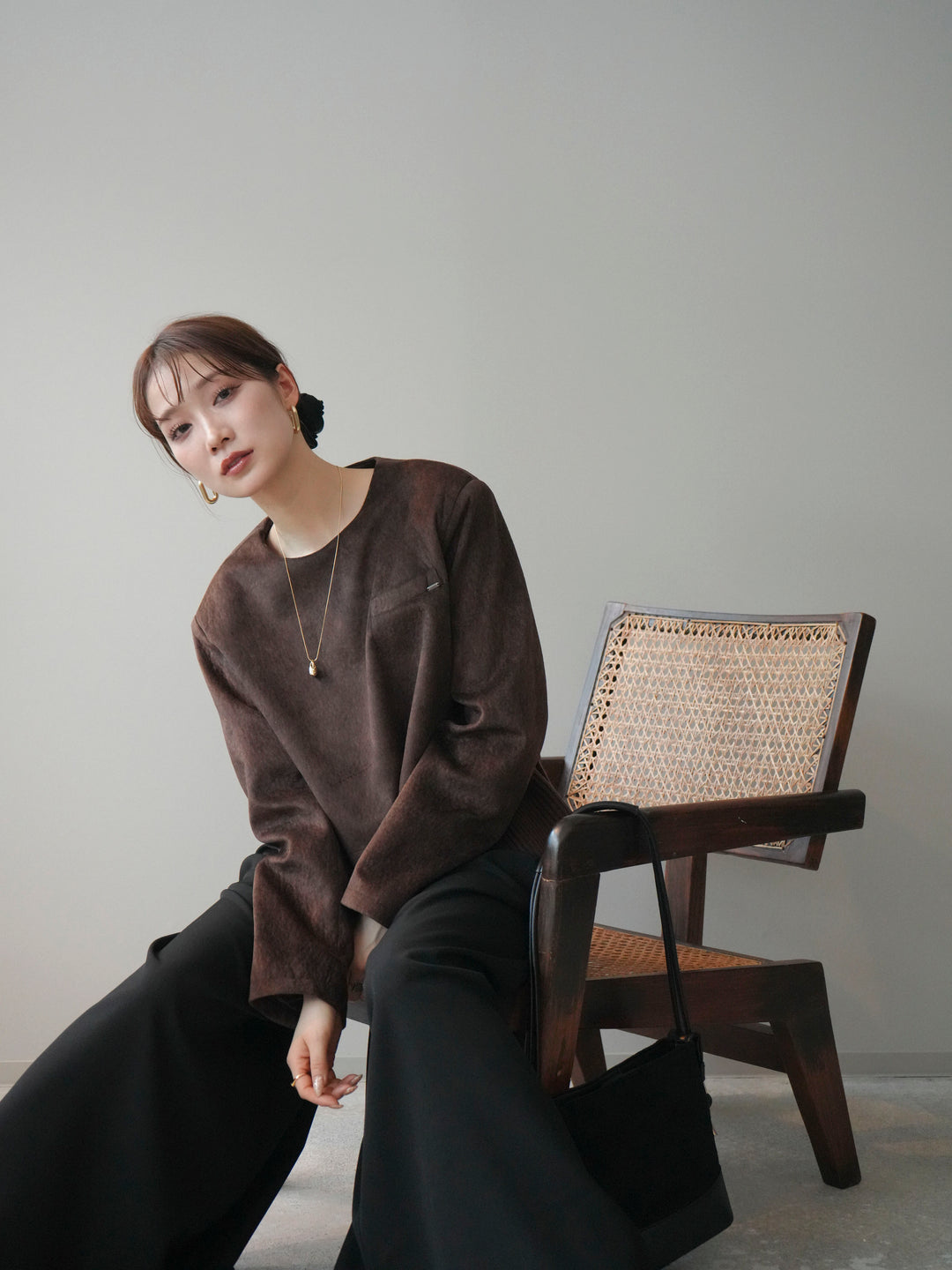 [予約]リブニットレイヤードスエードプルオーバー/brown