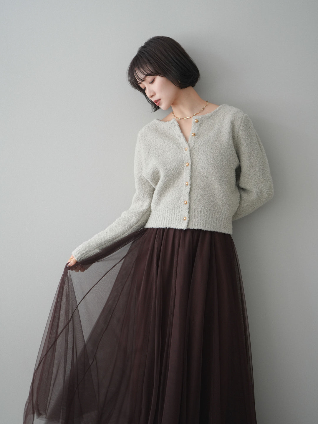 [SET]ゴールドボタンブークレニットカーディガン+チュールボリュームスカート(2set)