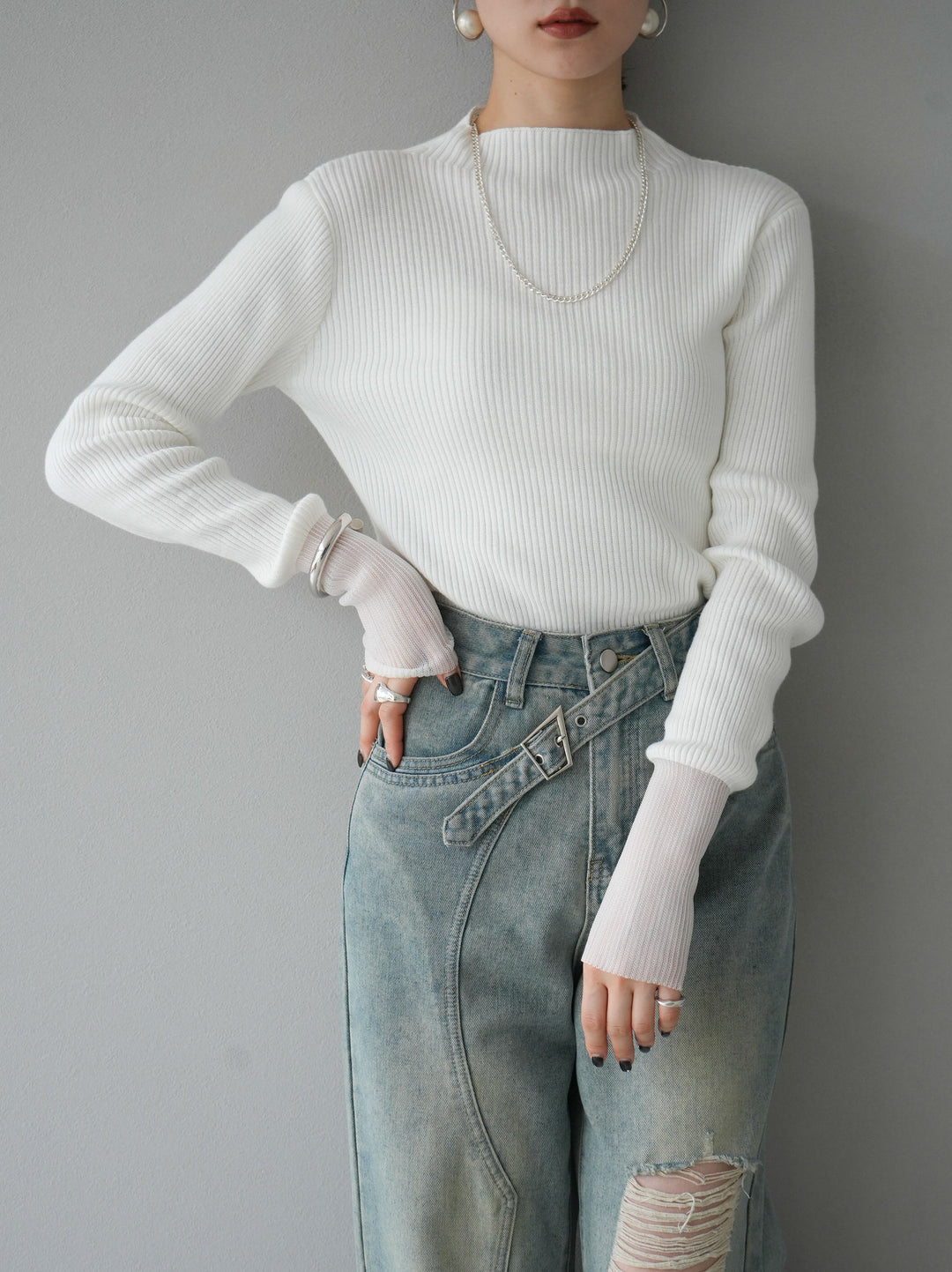 [予約]袖ラメシアー切替リブニットトップス/オフ