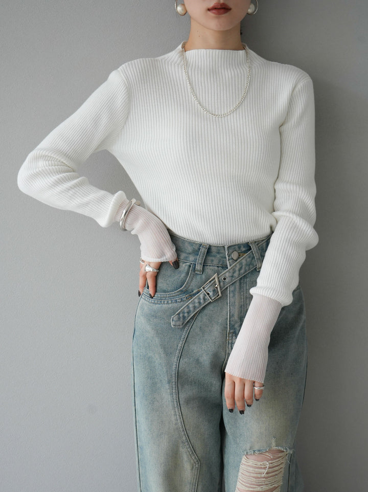 [予約]袖ラメシアー切替リブニットトップス/オフ