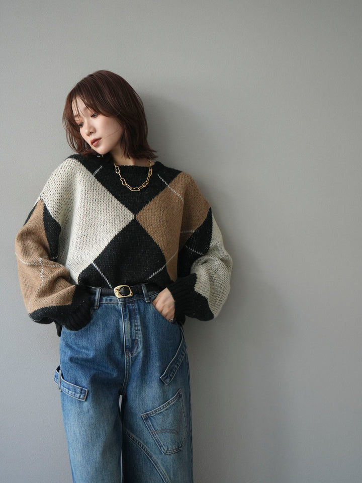 [SET]配色ステッチアーガイル柄ニットプルオーバー+選べるアクセセット(2set)