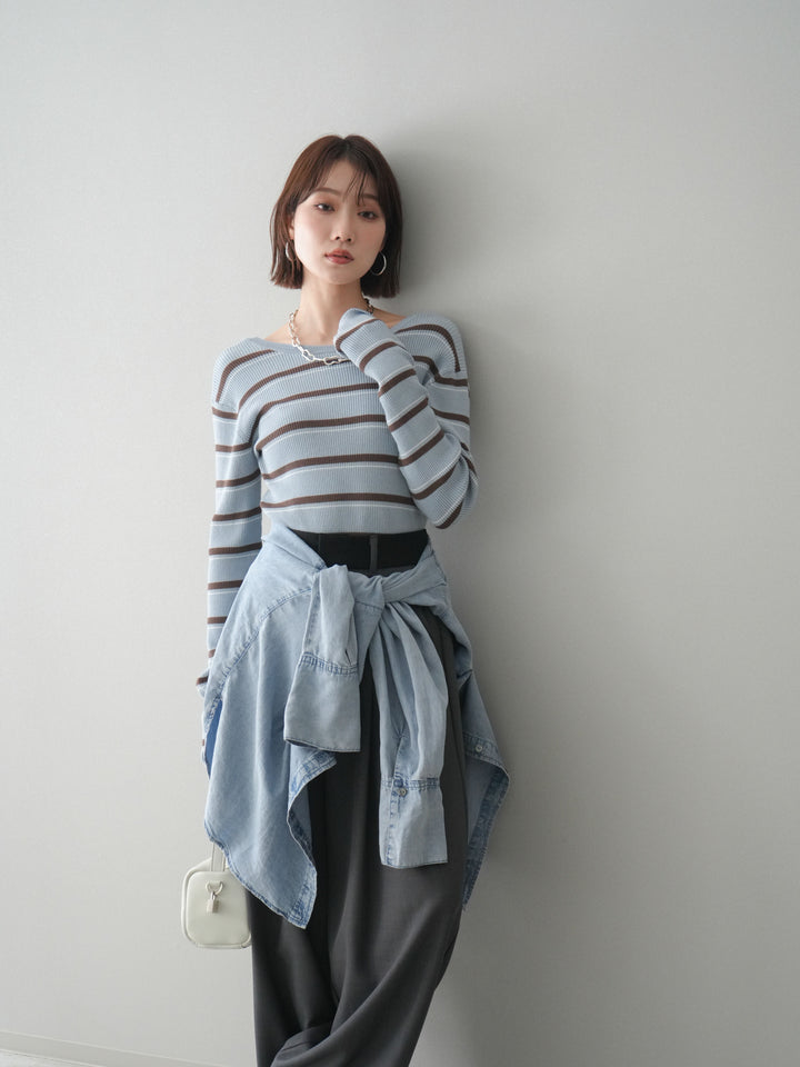 [予約]バックオープンテレコリブマルチボーダートップス/blue