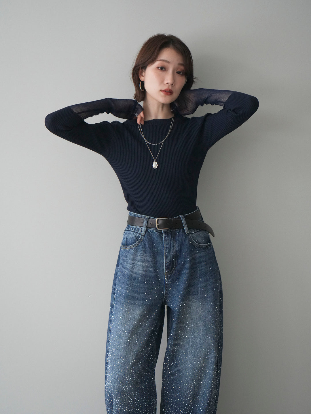 [SET]リブラメシアー切替リブニットトップス+ラインストーンカーブデニムパンツ(2set)