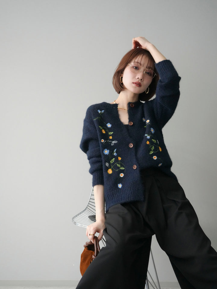 [予約]フラワー刺繍ニットカーディガン/blue