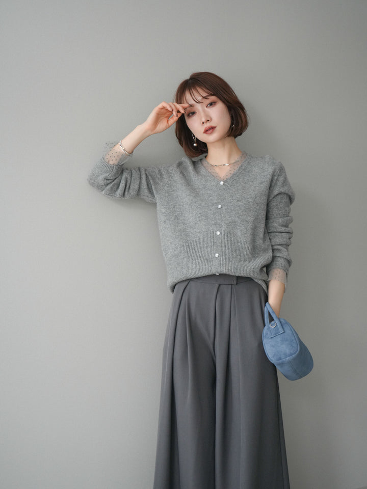 [SET]ドットチュールレイヤードボタンニットトップス+選べるアクセセット(2set)